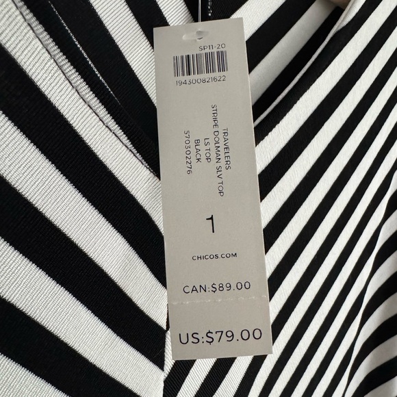NWT Chico’s Travelers Black White Striped Dolman Sleeve Top Size 1 (US 8/10) - Picture 8 of 8